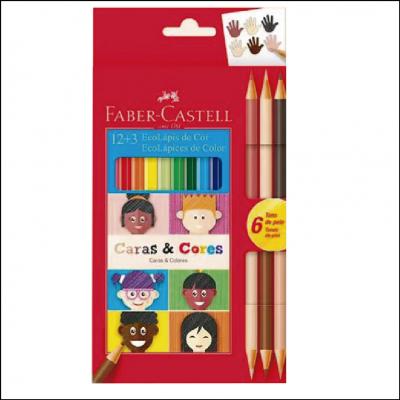 Lápis De Cor Faber-Castell 12 Cores + 3 Tons De Pele Caras E Cores