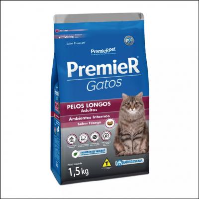 Ração Premier para Gatos Adultos Ambientes Internos Pelos Longos Sabor Frango