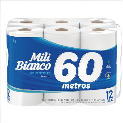 Papel Higiênico Mili Bianco 60m Folha Simples Neutro 12 Rolos