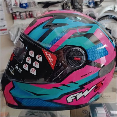Capacete Fw3 Rosa/azul Brilhante Fechado com Narigueira Tam 56